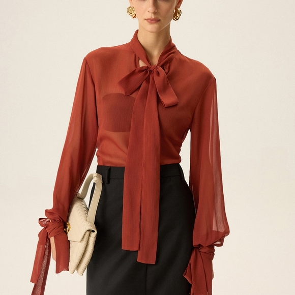 Commense Tops - Commense Semi-Sheer Chiffon Tie Neck Blouse Medium